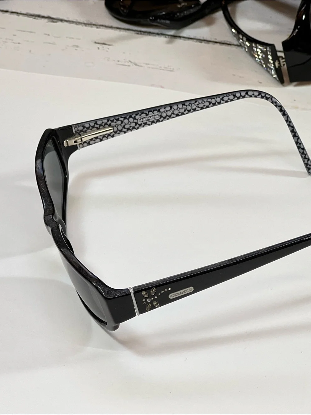 Coach Black Rectangular Sunglasses with Patterned Temples